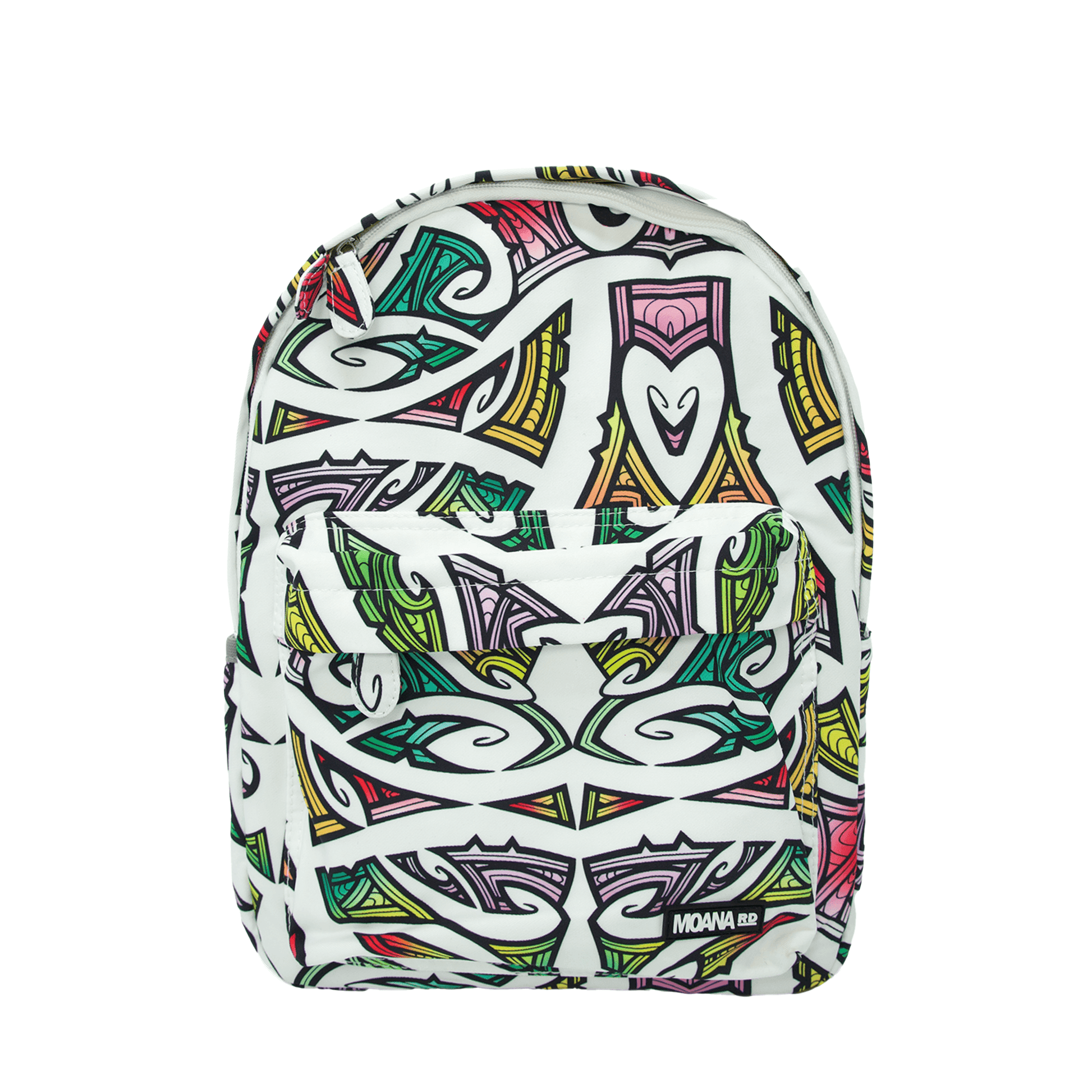 Kids backpack in white with colourful Maori design by Miriama Grace Smith.