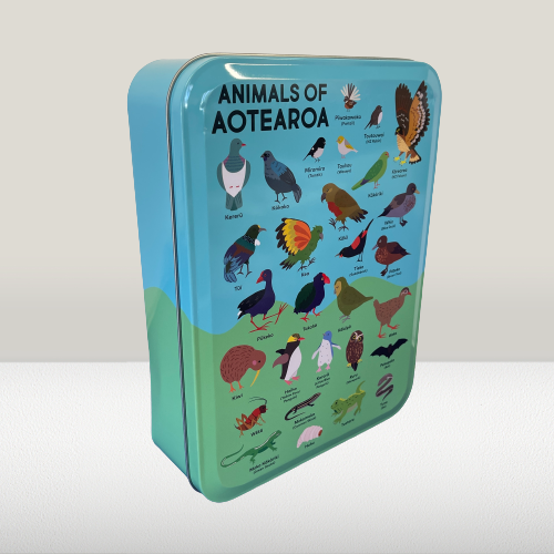 Storage tin in blue and green with Animals of Aotearoa printed on it and inside is a matching puzzle.