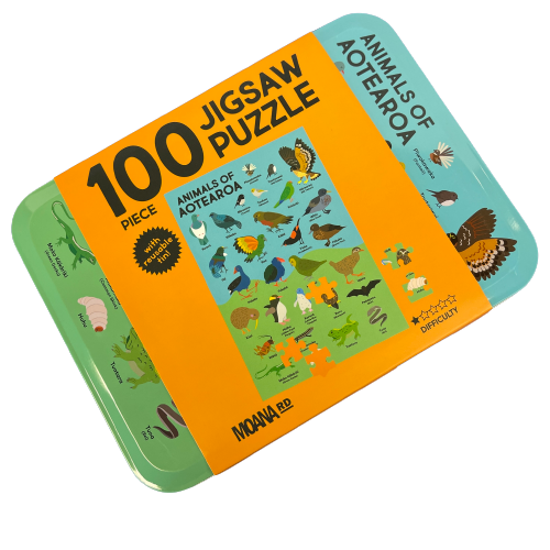 Storage tin in blue and green with Animals of Aotearoa printed on it and inside is a matching puzzle.