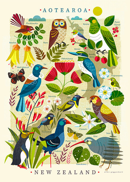 Colourful artwork by Ellen Gigenbach featuring a map of New Zealand with native flora, fauna and birds all over it.