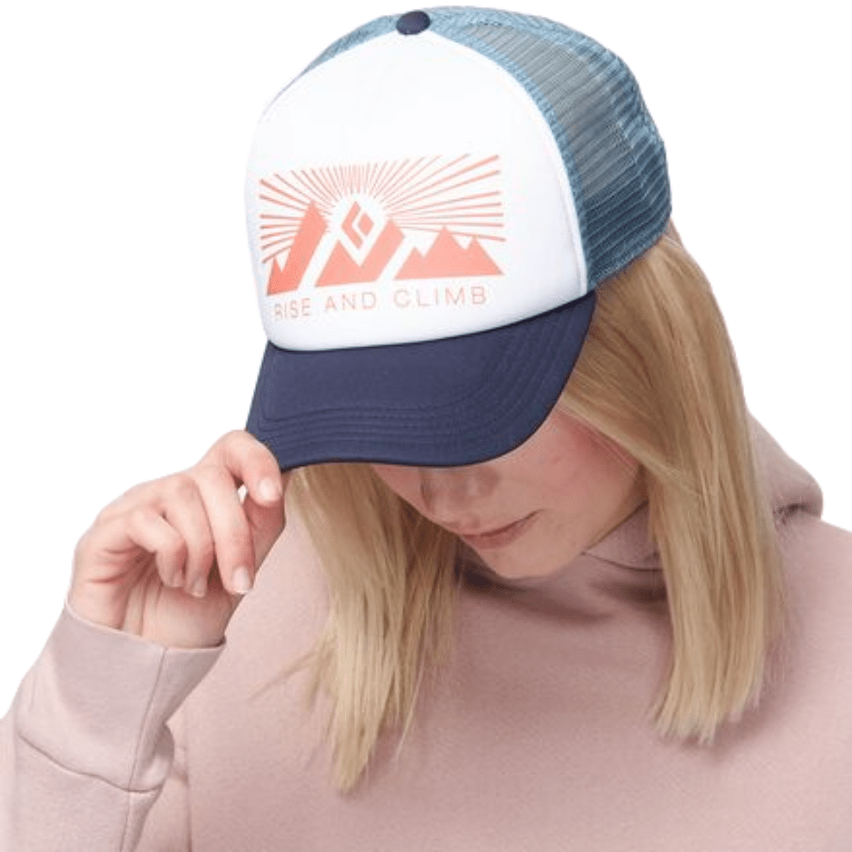 Woman wearing a trucker cap.