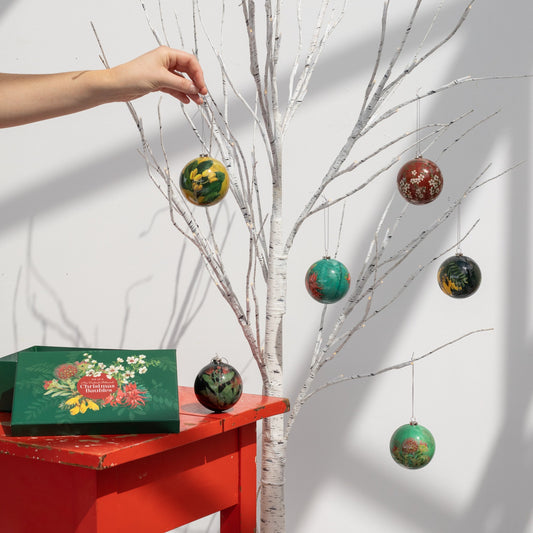 Persons hand reaching out to hang a Christmas bauble on a plain white branch.