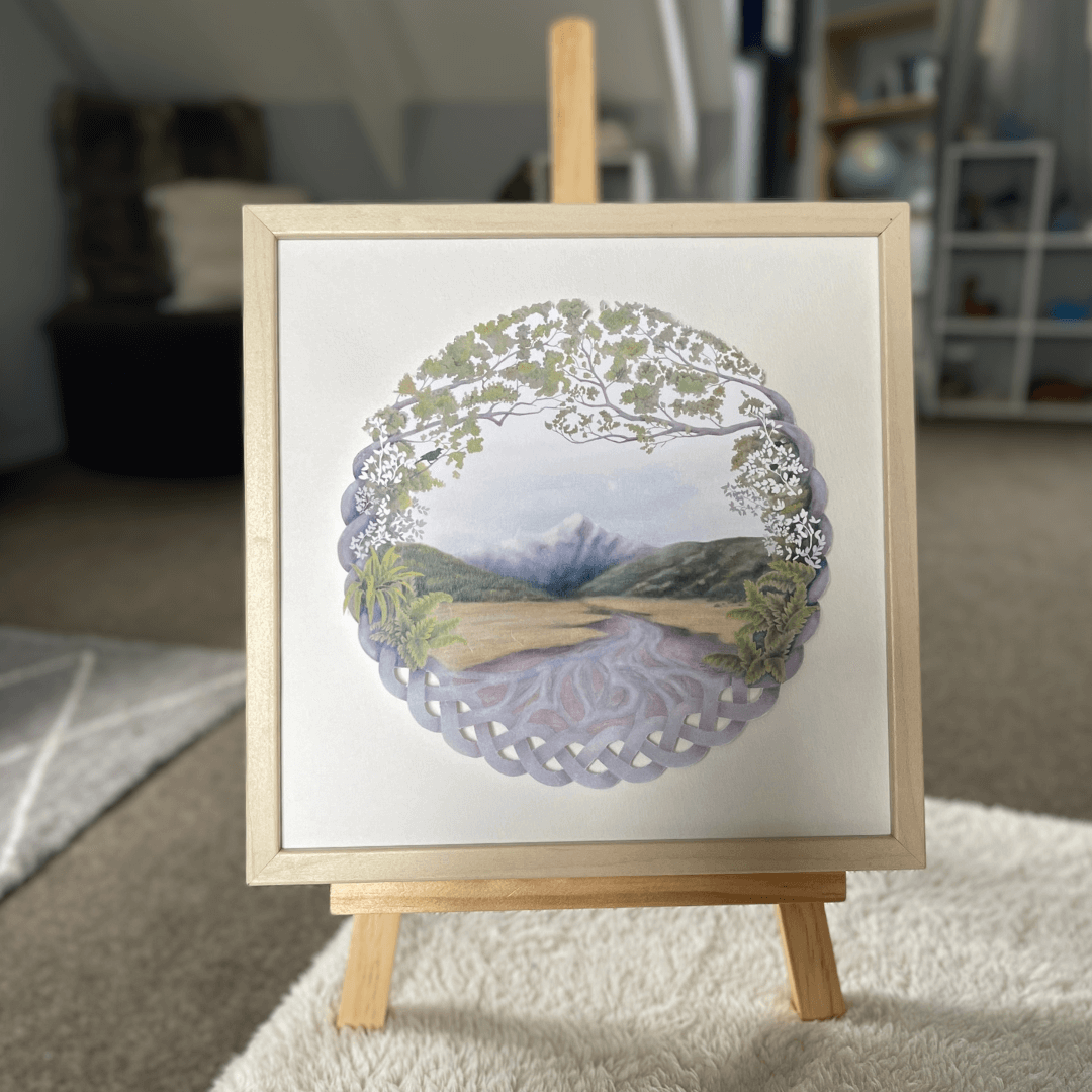 3D digital print art work of a braided river, mountain and celtic braid.