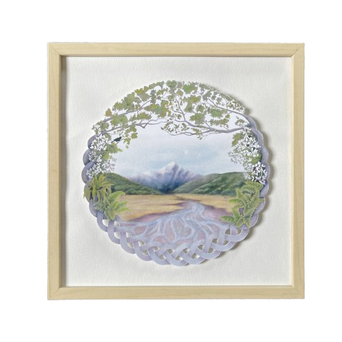 3D digital print art work of a braided river, mountain and celtic braid.