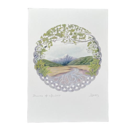 Digital print art work of a braided river, mountain and celtic braid.