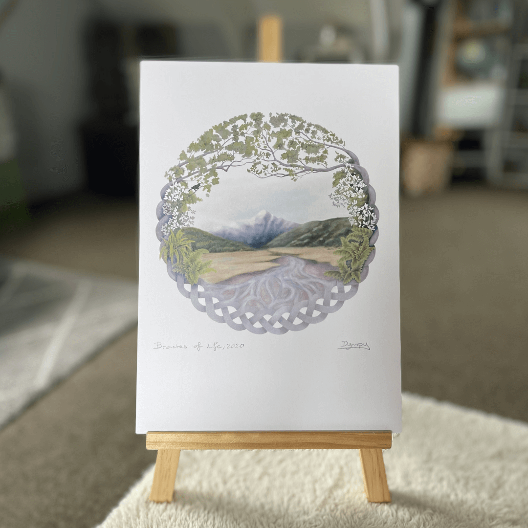 Digital print art work of a braided river, mountain and celtic braid.