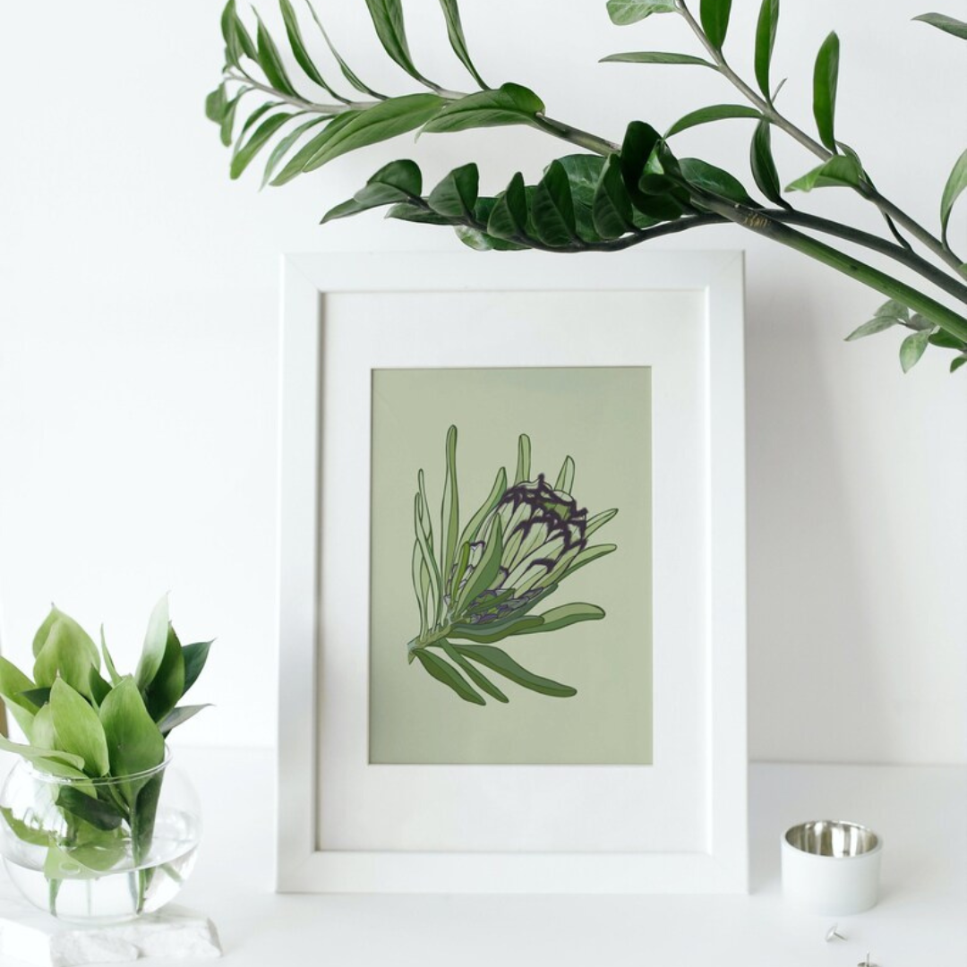 Digital art by Bridget King featuring a green and black protea flower.