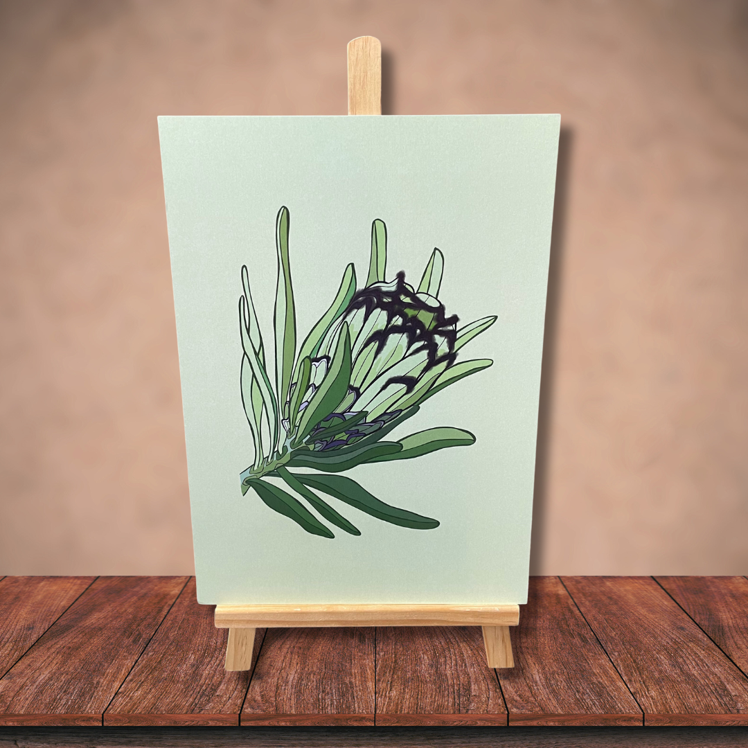 Digital art by Bridget King featuring a green and black protea flower.