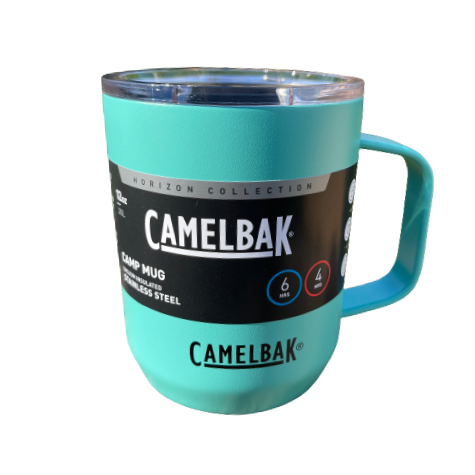 Camelbak Coastal blue stainless camping mug with lid and handle.