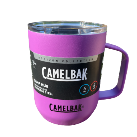 Camelbak magenta pink stainless camping mug with lid and handle.