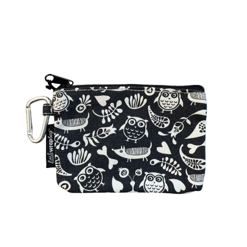 Simple purse in black with white floral, dog & owl pattern and a carabiner clip.