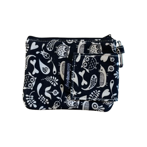 Black purse with white floral and owl print.
