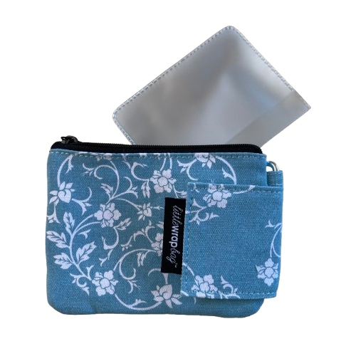Blue coloured purse with white print with a plastic card sleeve that tucks inside the purse.