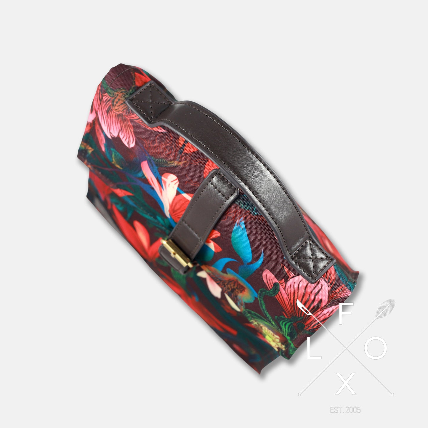 Colourful flox designed small lunch bag in dark burgundy with bright magnolia flower print.