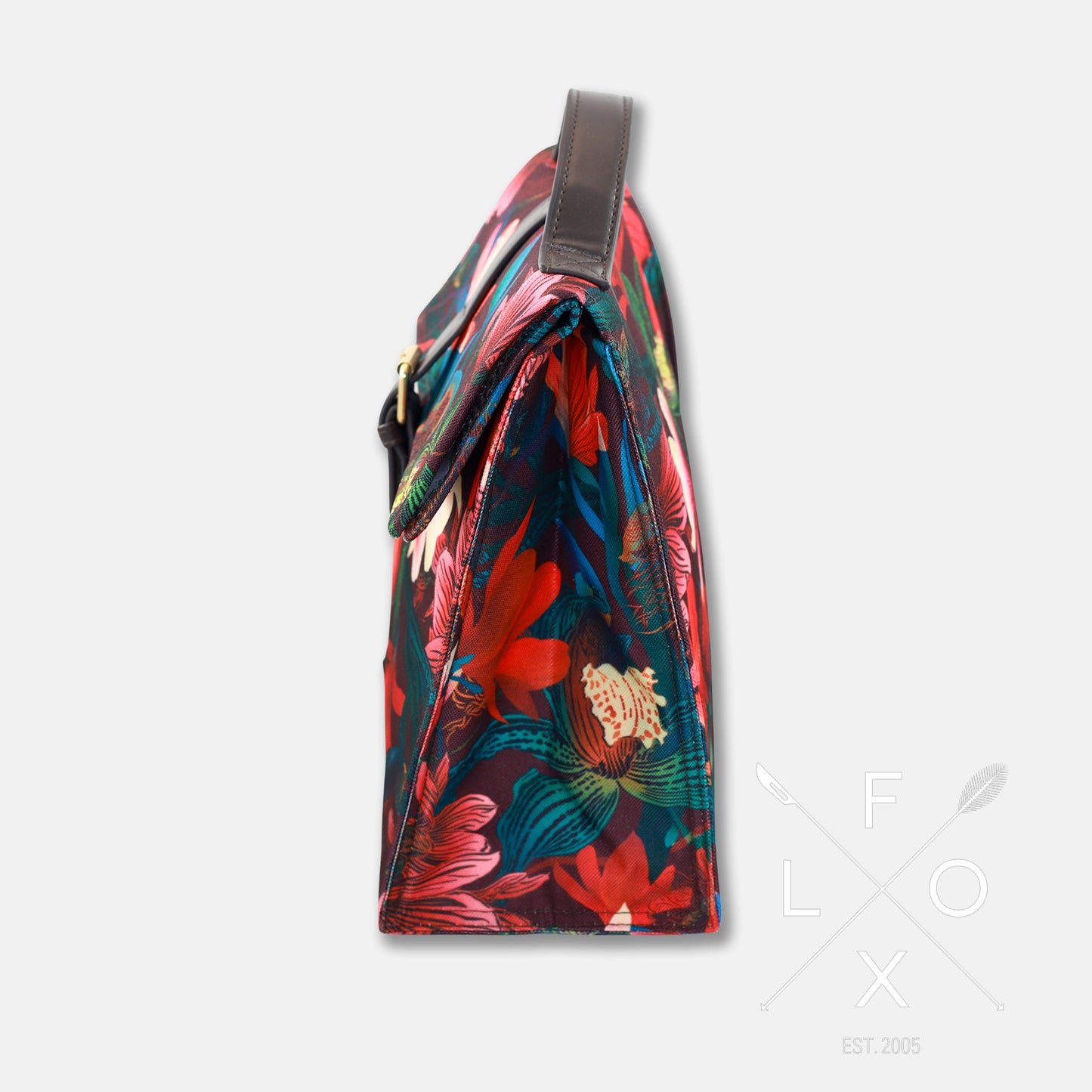 Colourful flox designed small lunch bag in dark burgundy with bright magnolia flower print.
