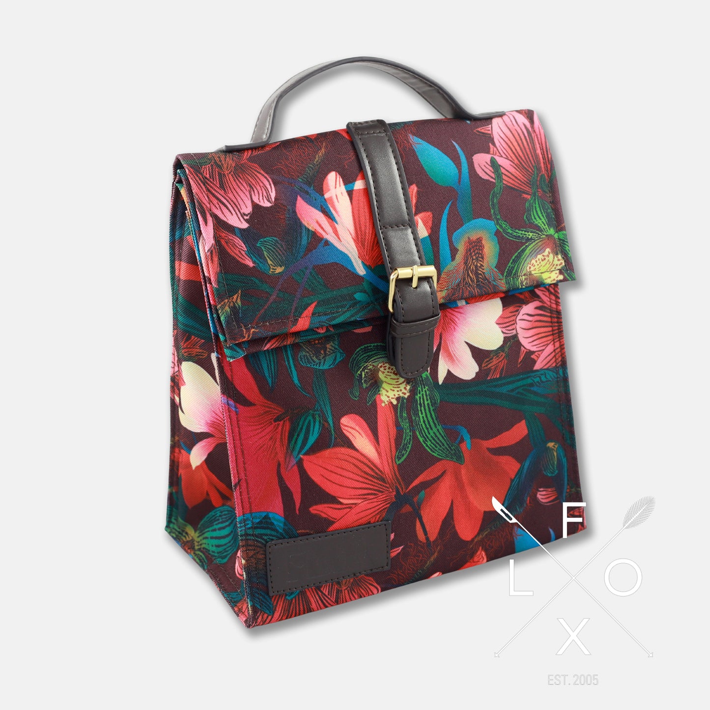 Colourful flox designed small lunch bag in dark burgundy with bright magnolia flower print.