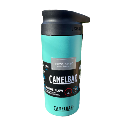 Stainless steel Camelbak insulated coffee cup with a press to sip function in Coastal green colour.