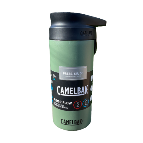 Stainless steel Camelbak insulated coffee cup with a press to sip function in moss green colour.