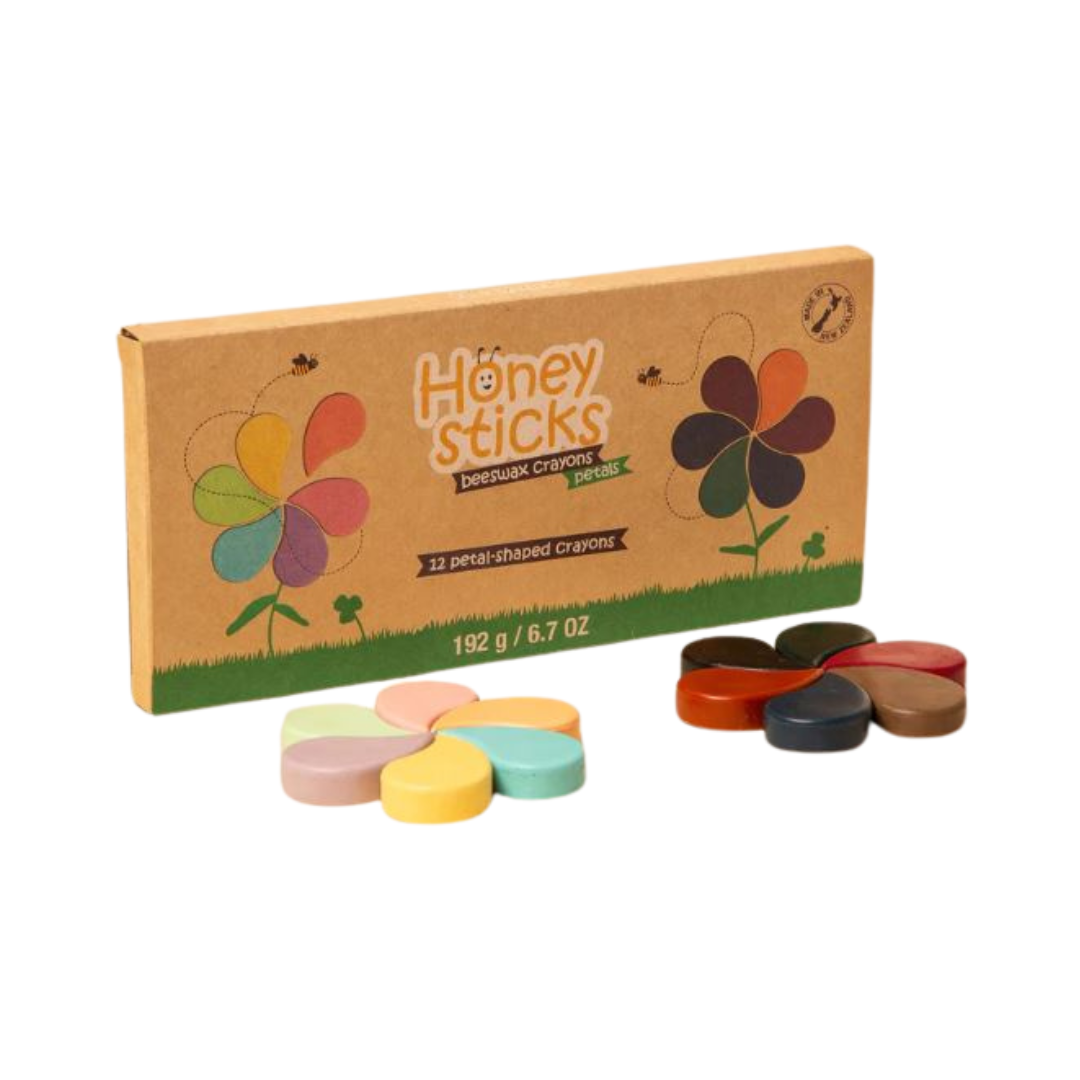 Cardboard box with mutli coloured petal shaped crayons for kids.