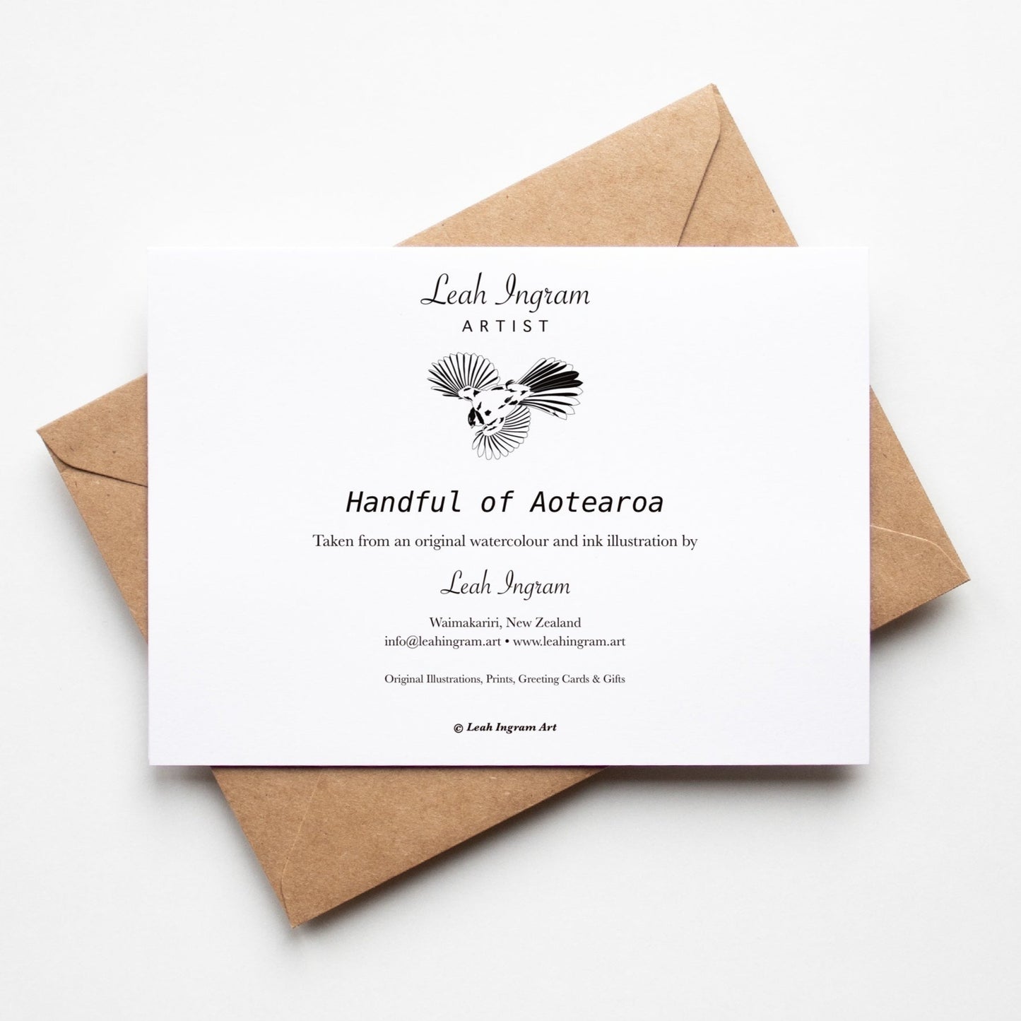 Reverse side of a greeting card showing the name and details of the artist.