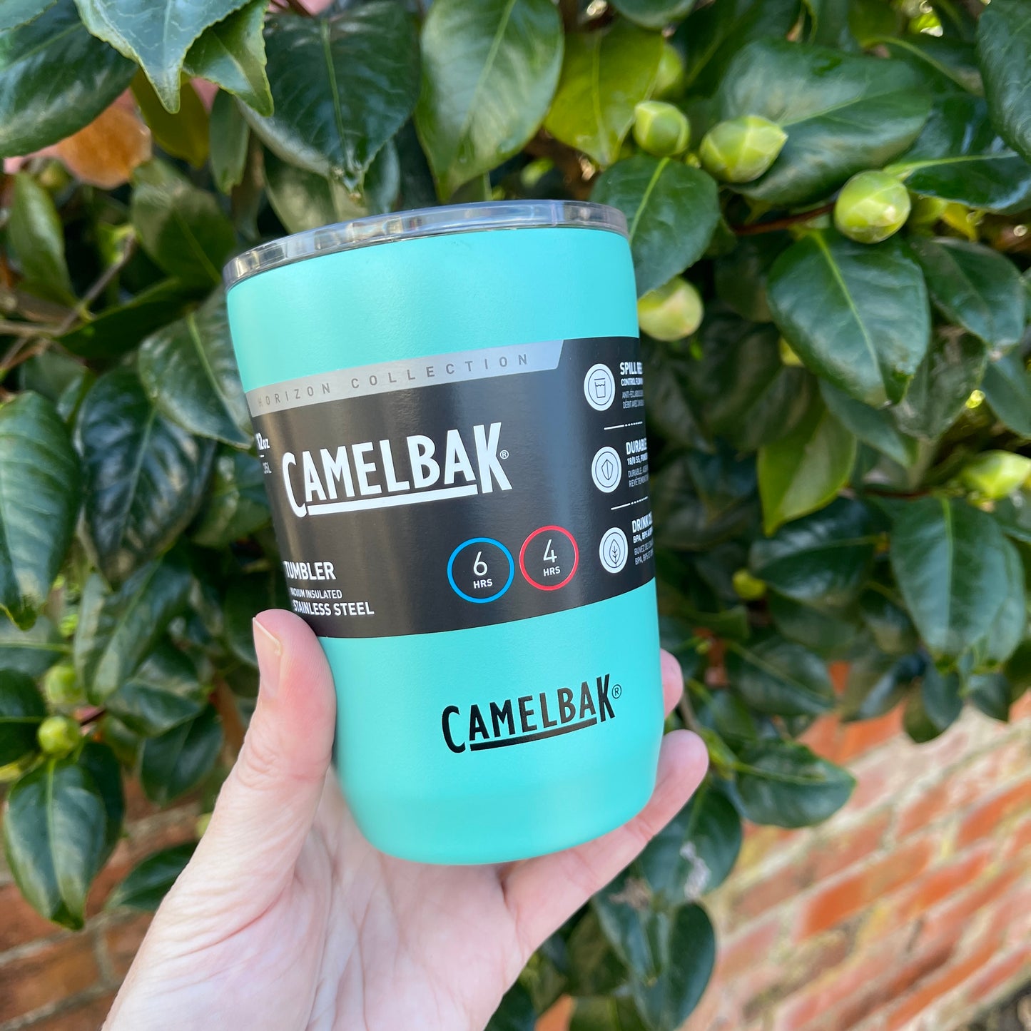 Stainless steel coffee tumbler from Camelbak in blue coastal colour.