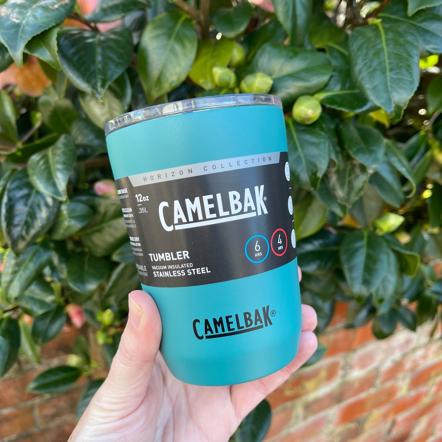 Stainless steel coffee tumbler from Camelbak in a teal lagoon colour.