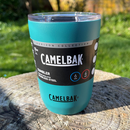 Stainless steel coffee tumbler from Camelbak in a teal lagoon colour.