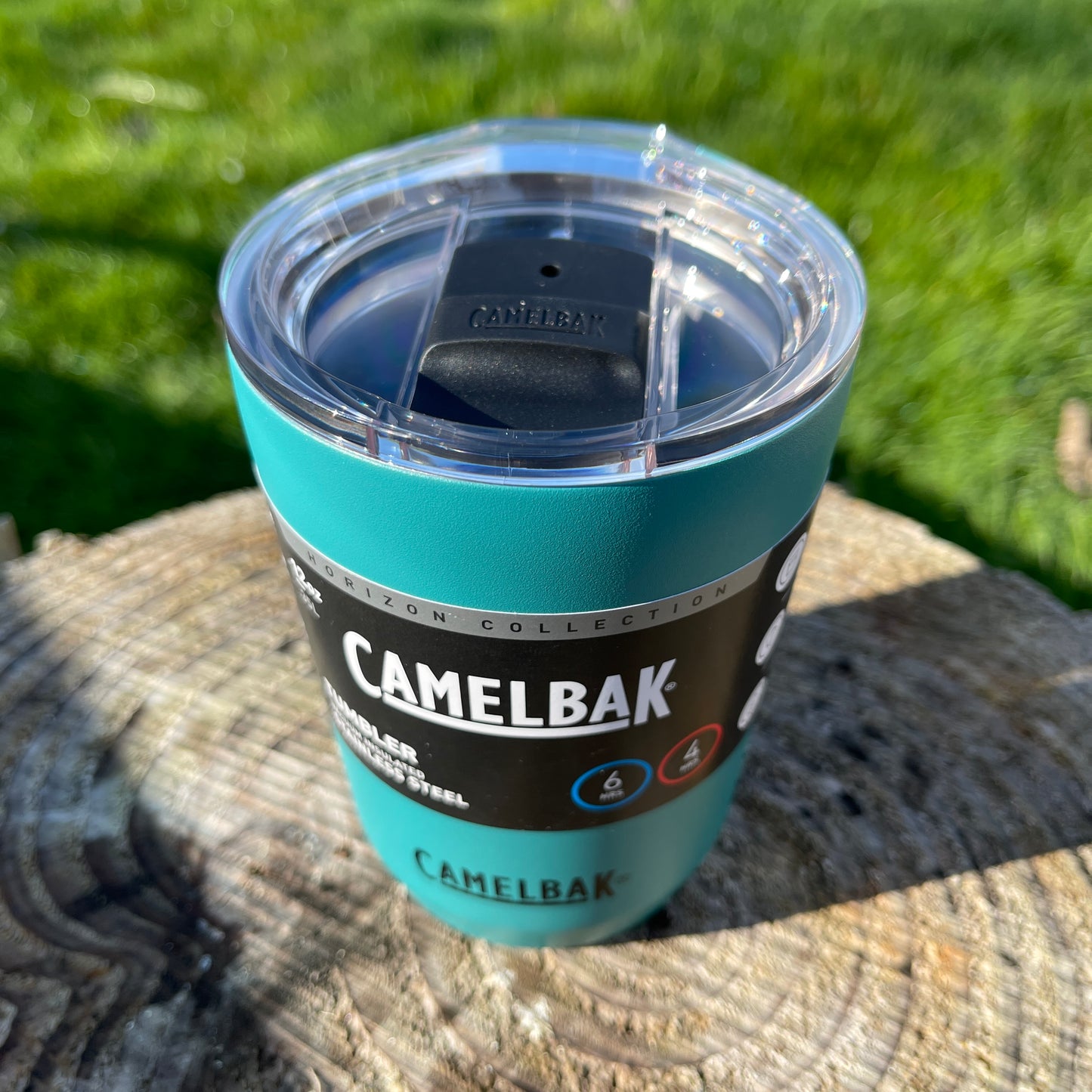 Stainless steel coffee tumbler from Camelbak in a teal lagoon colour.