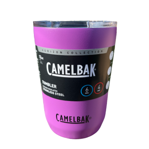 Stainless steel coffee tumbler from Camelbak in a magenta colour.