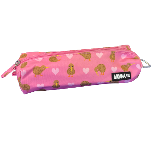 Pink pencil case with hearts and kiwi birds.