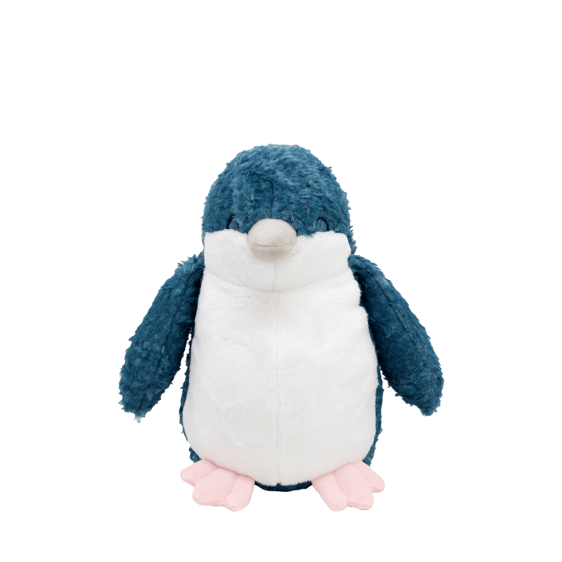Soft toy little blue penguin with white tummy and blue head and flippers.