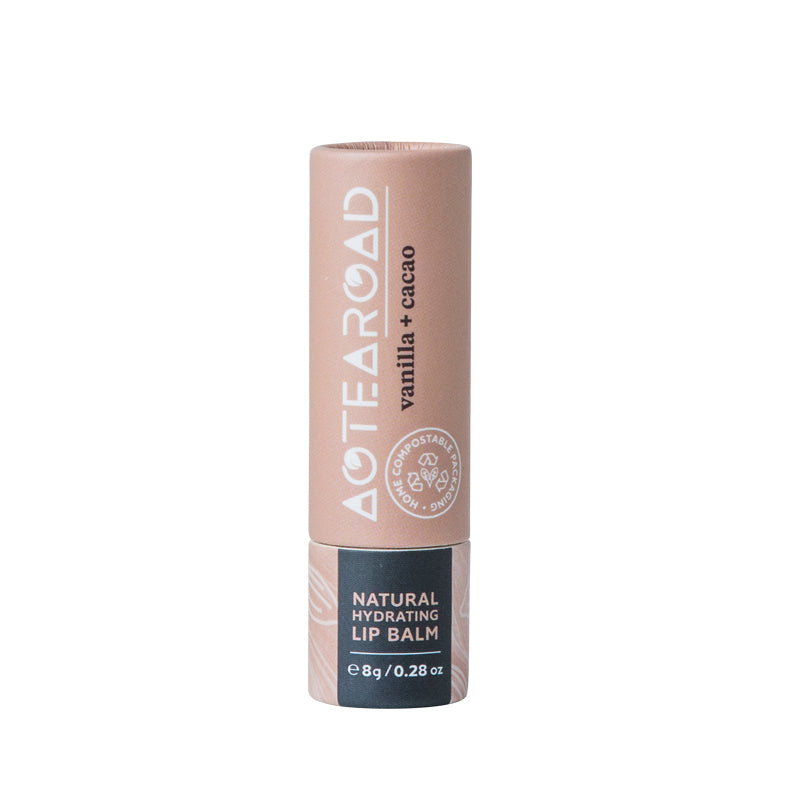 Vanilla & Cacao lipbalm in a cardboard tube.