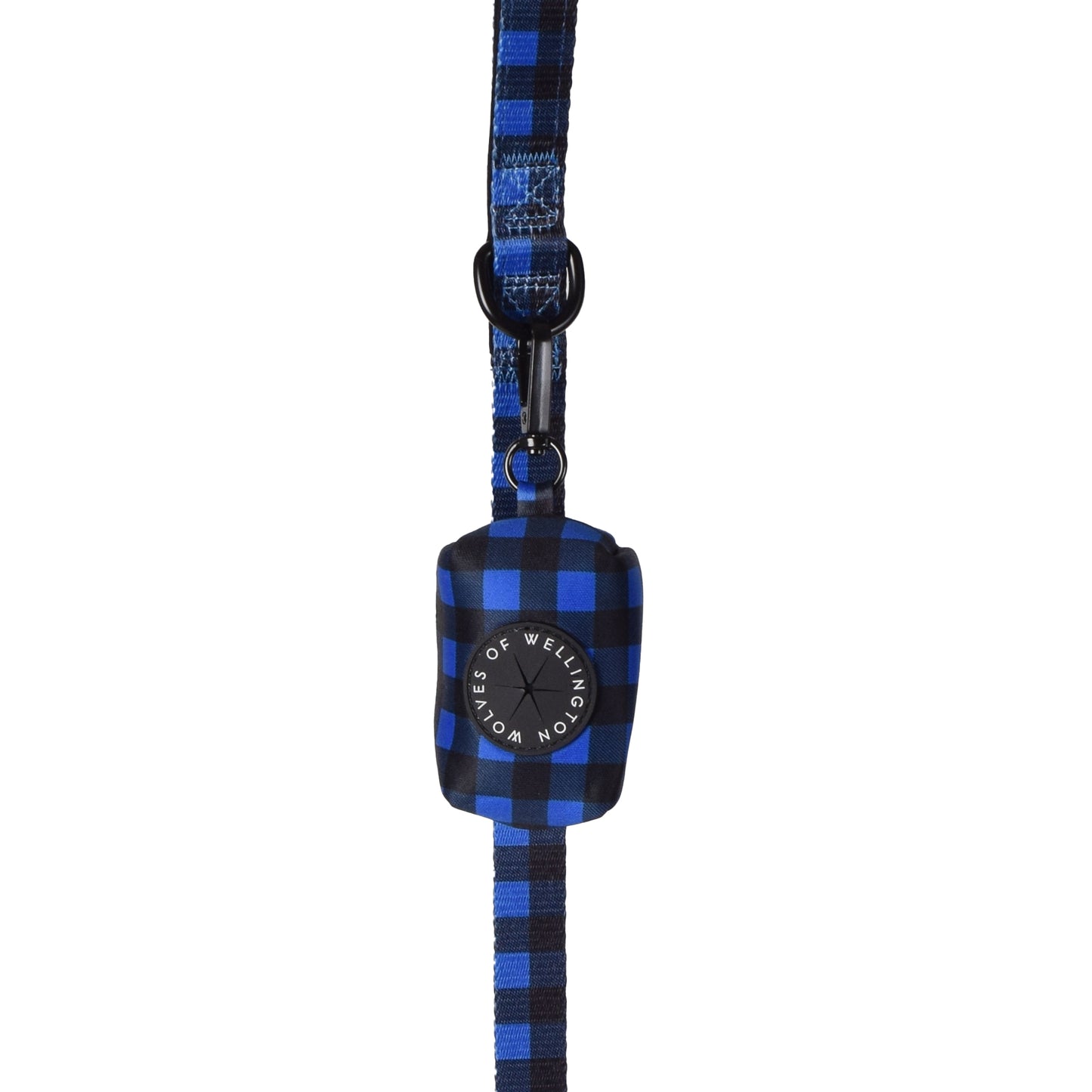 Neoprene dog poop bag pouch in blue and black check pattern.
