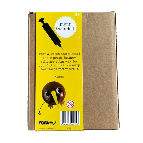 Back of packaging for a plush kiwi inflatable bird ball in large.