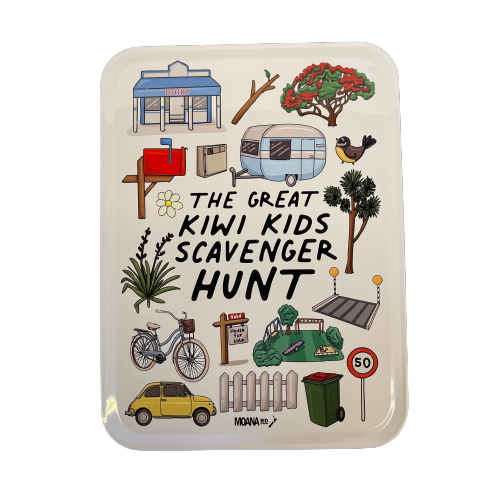 Storage tin with Kiwiana icons and the words The Great Kiwi Kids Scavenger Hunt.