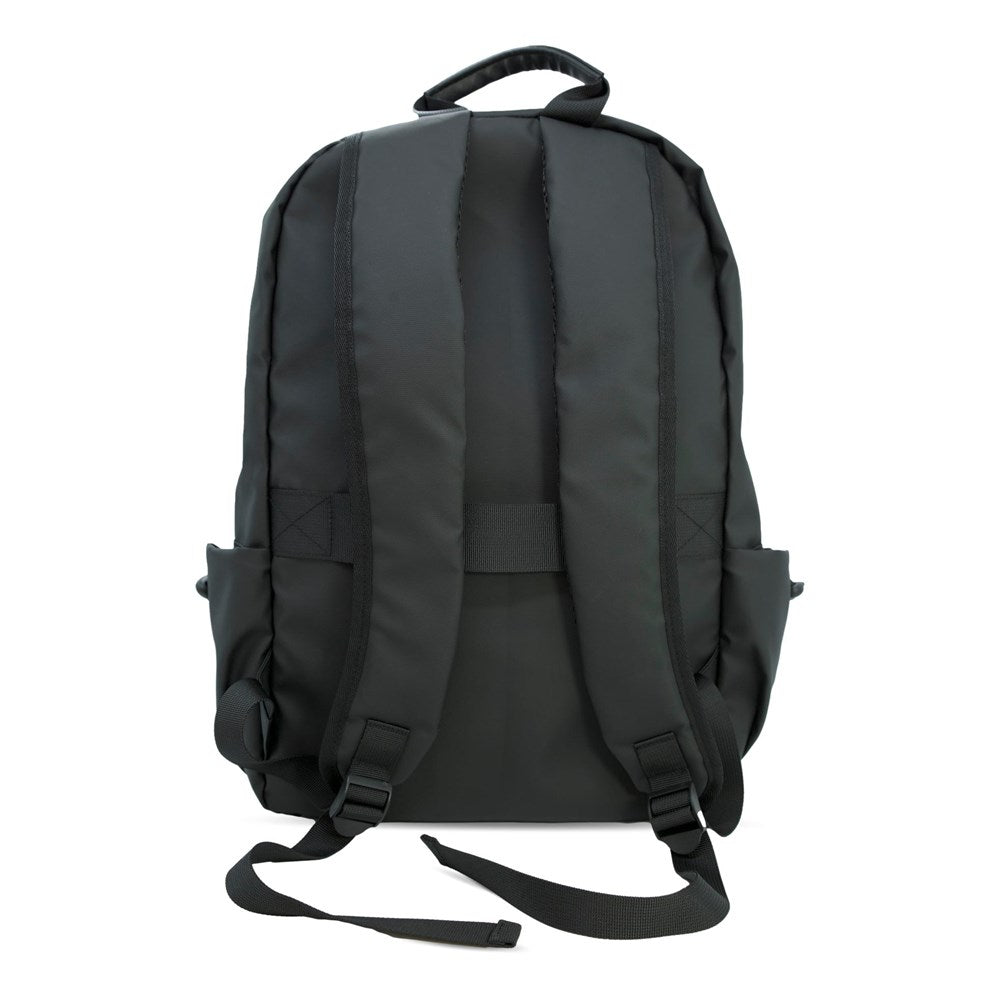 Back of a black backpack.