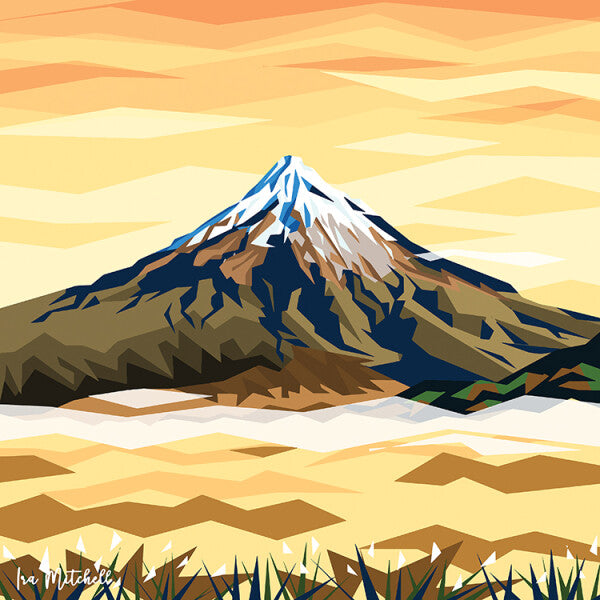 Art print by Ira Mitchell. Geometric style image featuring a snow capped Mt Taranaki at Sunrise in brown and orange hues.