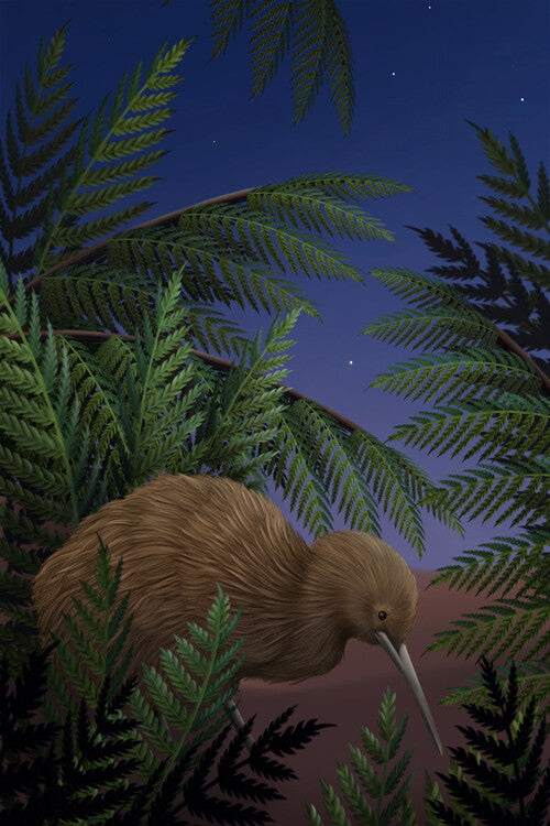 Large portrait piece of artwork featuring a night scene with Punga ferns and a large brown kiwi