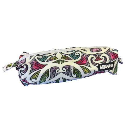 Pencil case with colourful maori design on a white background.