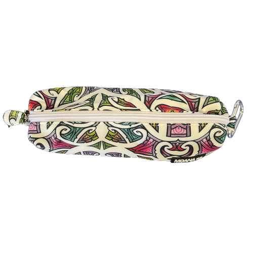 Pencil case with colourful maori design on a white background.