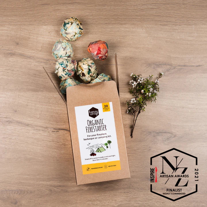 Honeywraps organic firestarter box. Made using off-cuts from honeywrap wax wraps. So zero waste. Easy to light, long burning and safe to pack next to food. This box contains 20 fire starters.
