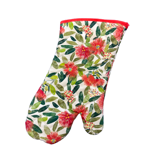 Pot mitt with Pohutukawa florwers printed on it.