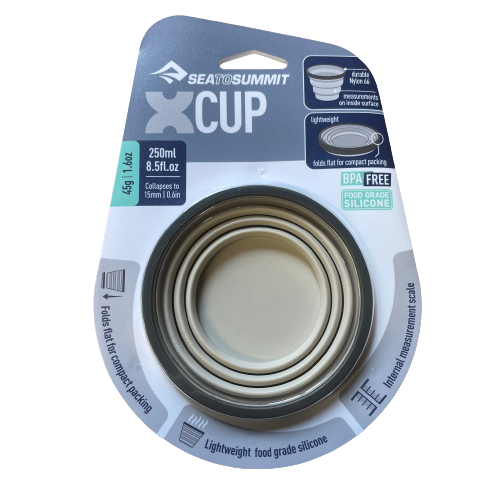 Sand coloured silicone collapsible X cup by Sea to Summit.
