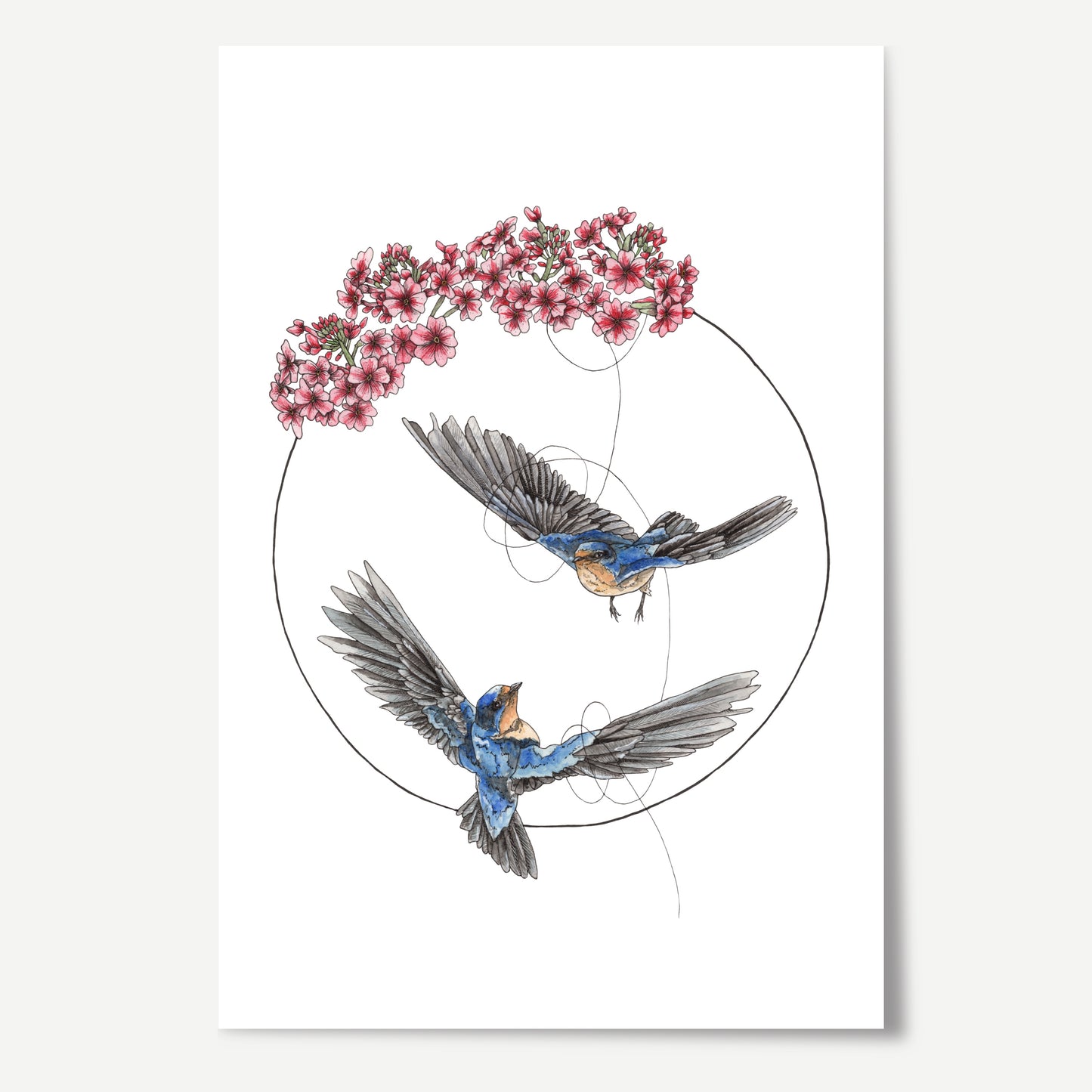 Watercolour art featuring 2 swallows flying together tethered by a string in a circle and topped with primrose flowers.