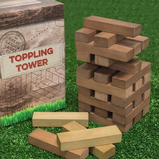 Wooden toppling tower garden game set.