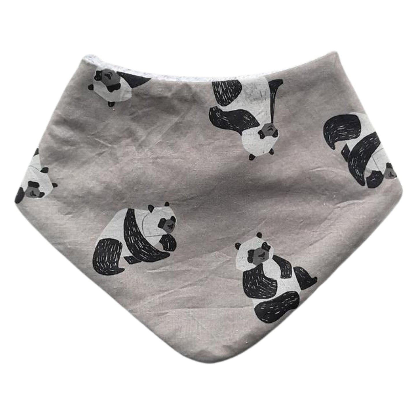 Baby dribble bib in light stone colour with panda bear print.