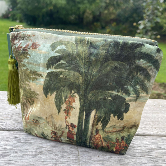Velvet cosmetic bag featuring a scene from a Joseph Dufour painting.