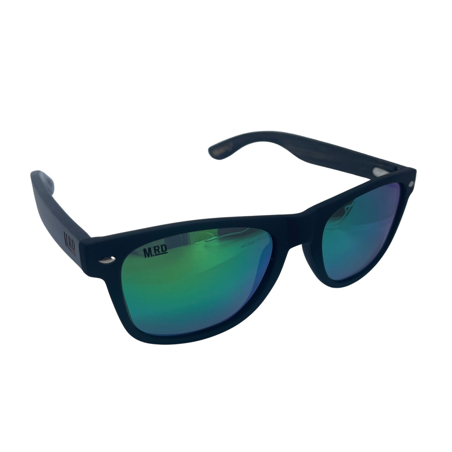 Sunglasses with dark wooden arms, black frames and green reflective lenses.