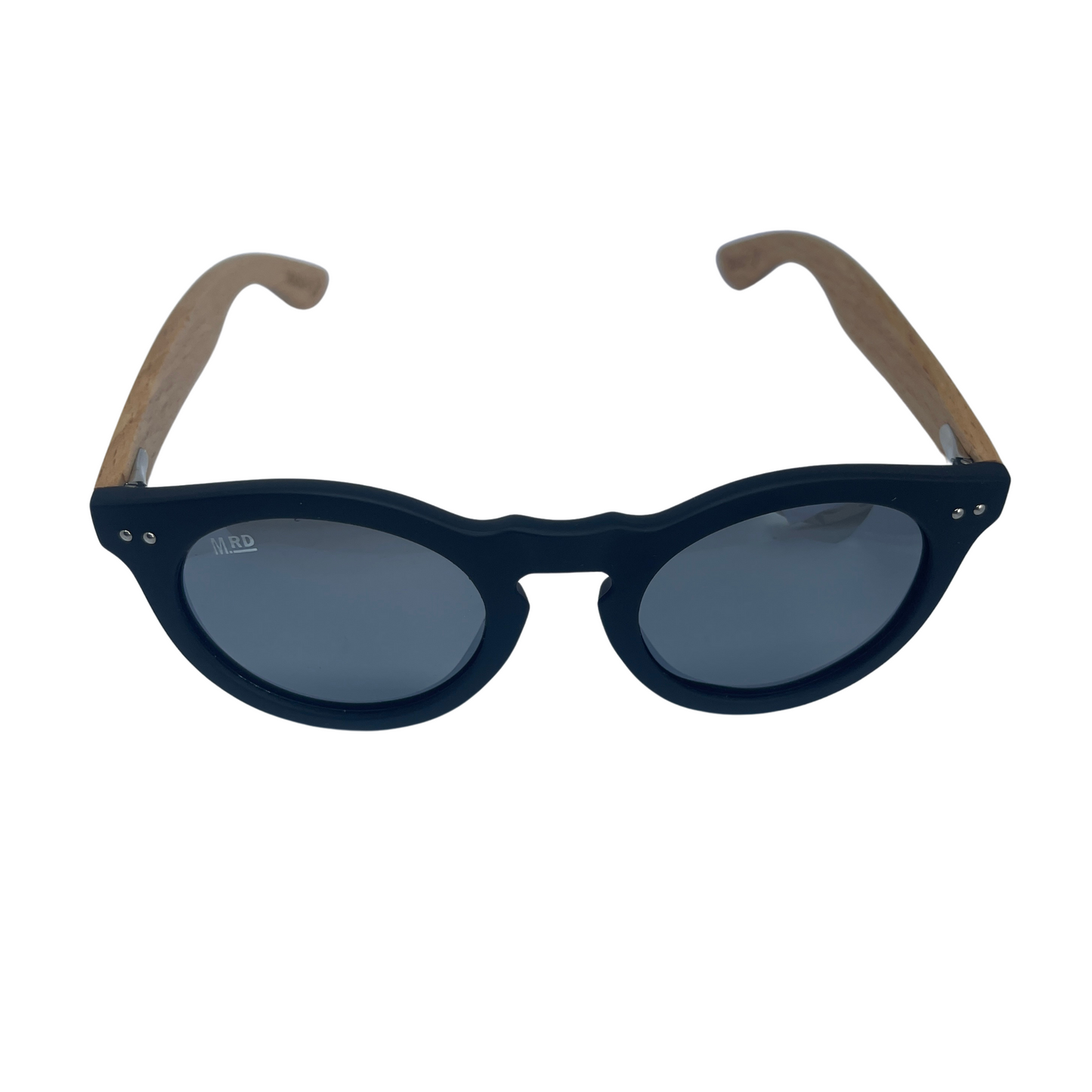 Womens sunglasses with black frames, wooden arms and silver reflective lenses in a Grace Kelly style.