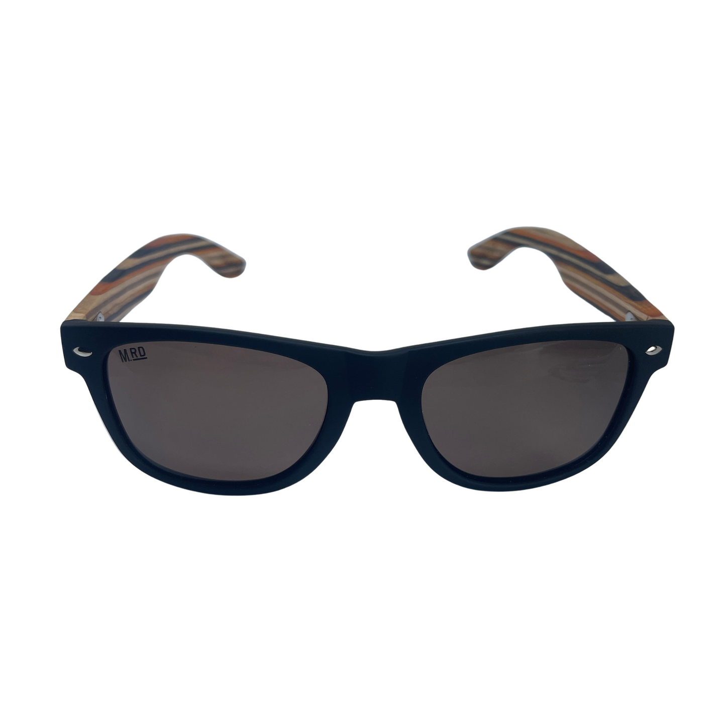 Black frame sunglasses with wooden striped arms.